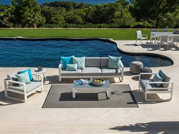 Jati & Kebon Coral 5 Seat Garden Sofa Lounging Set | White Aluminium Frame - Grey Sunbrella Cushions