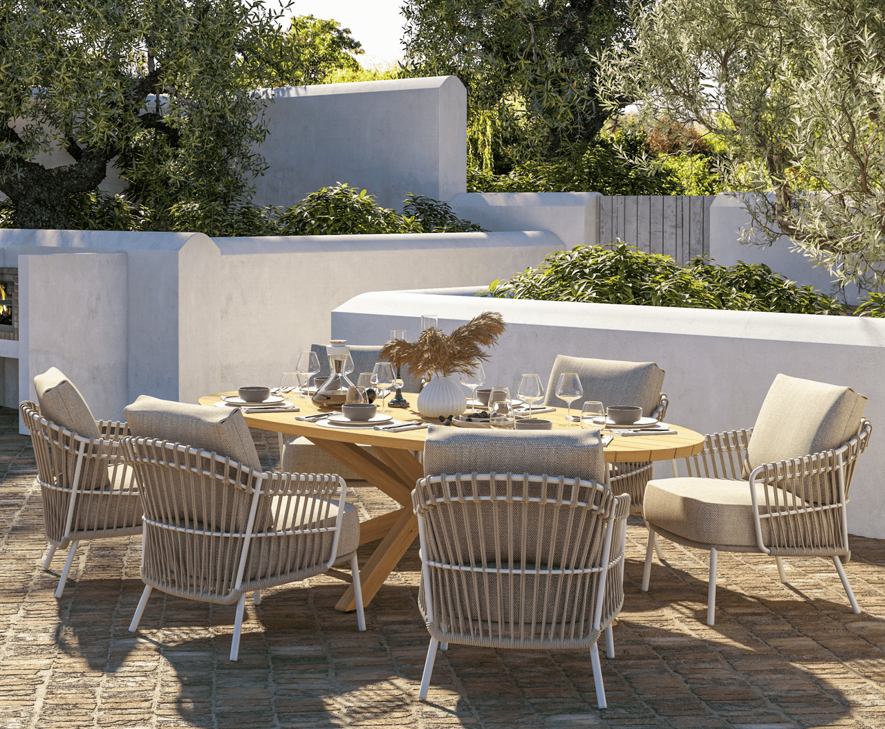 4SO Dalias Outdoor Low Dining Set with Prado Ellipse Teak Table 240 x 115 cm.