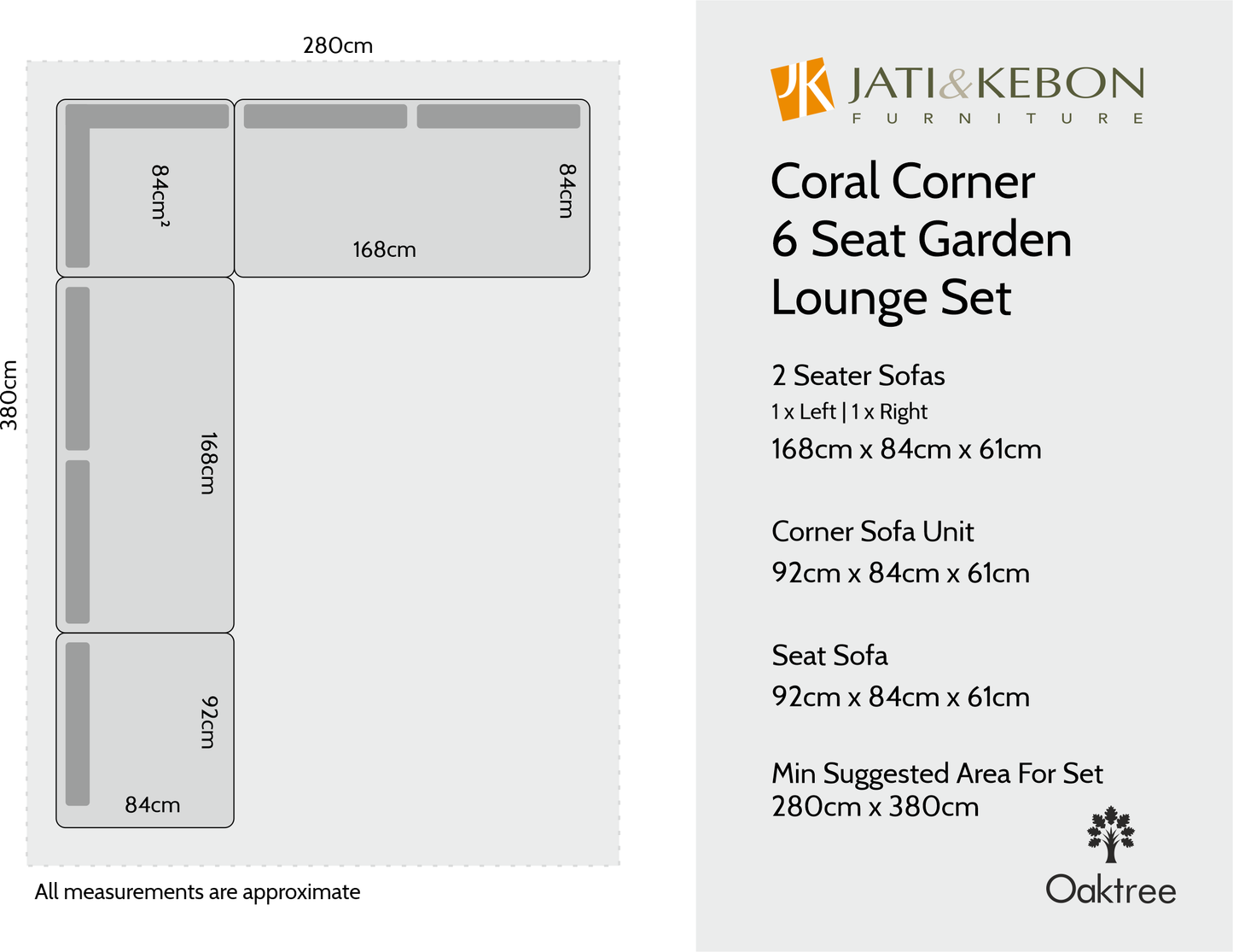 Jati & Kebon Coral Corner 6 Seat Garden Lounge Set - White Aluminium Frame - Grey Sunbrella Cushions