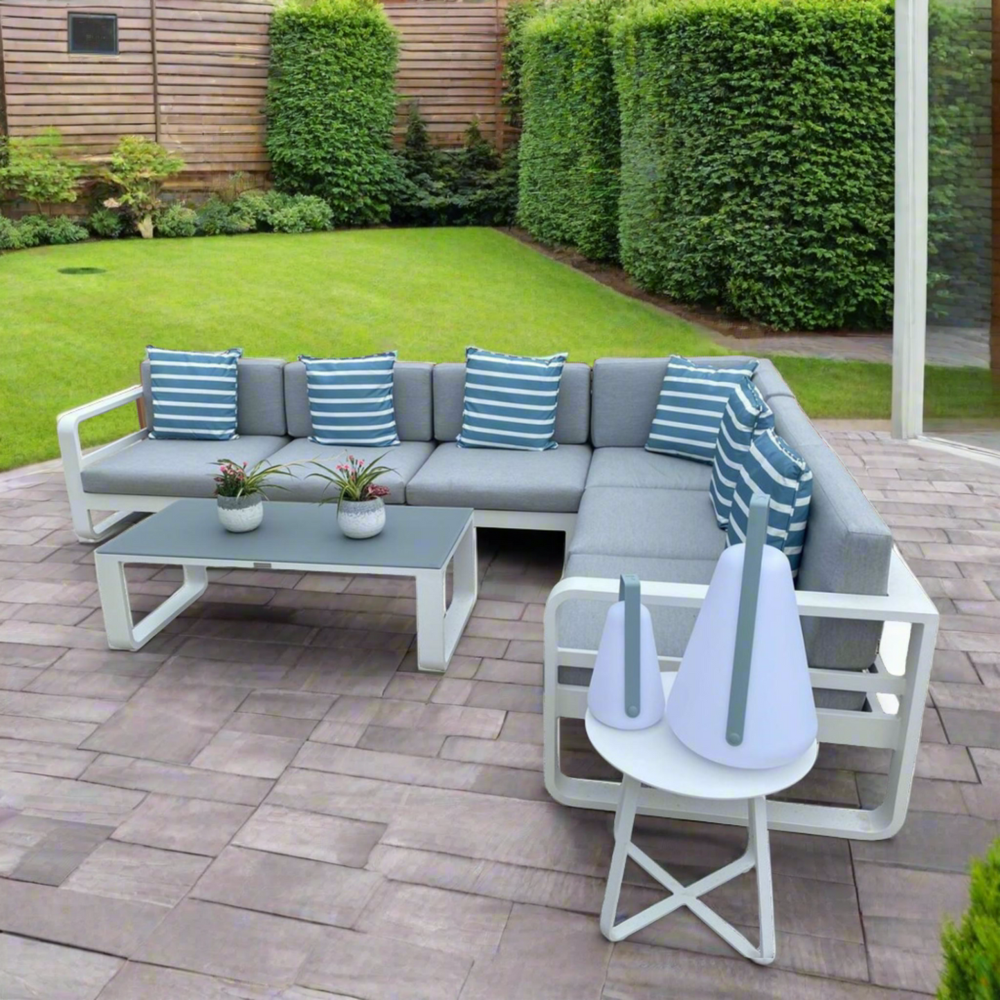 Jati & Kebon Coral Corner 6 Seat Garden Lounge Set - White Aluminium Frame - Grey Sunbrella Cushions