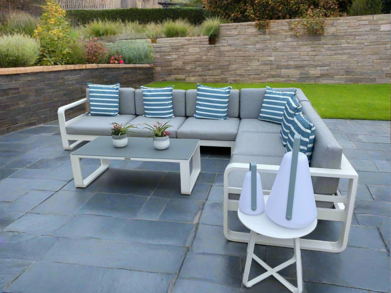 Jati & Kebon Coral Corner 6 Seat Garden Lounge Set - White Aluminium Frame - Grey Sunbrella Cushions