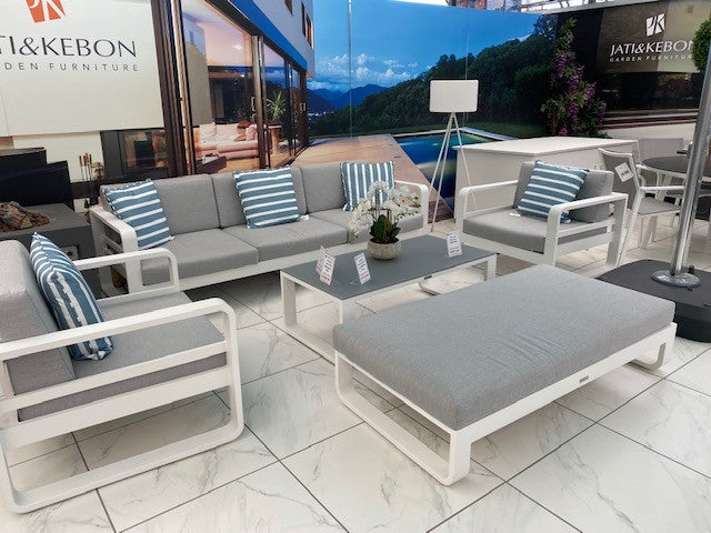 Jati & Kebon Coral 5 Seat Garden Sofa Lounging Set | White Aluminium Frame - Grey Sunbrella Cushions