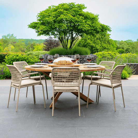 4SO Barista Outdoor 6 Seat Dining Set with Prado 160cm Teak Round Table with Lazy Susan